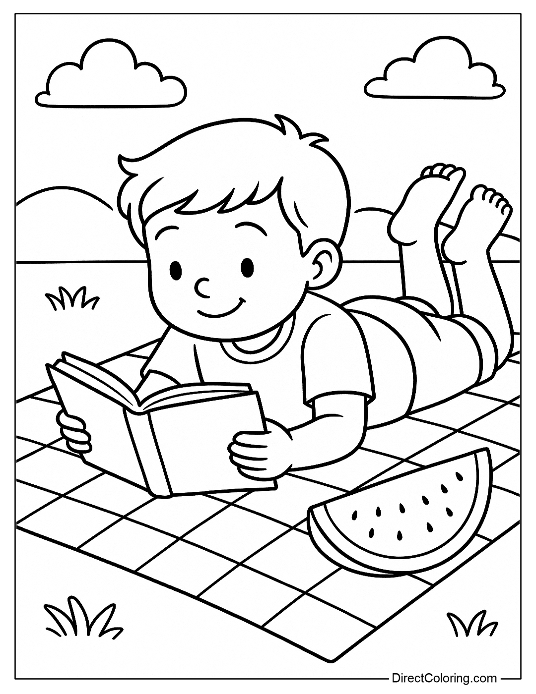 Coloring page of a boy lying on a picnic blanket reading a book, next to a piece of watermelon